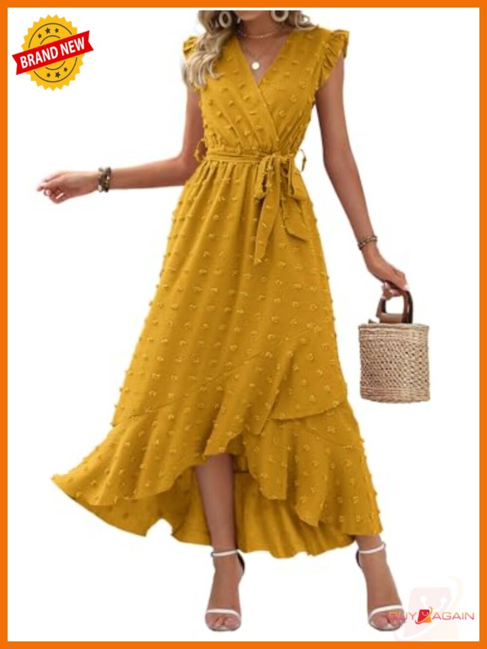 BTFBM Swiss Dot Maxi Dress V-Neck Ruffle Cap Sleeve Tie Waist Wedding Guest